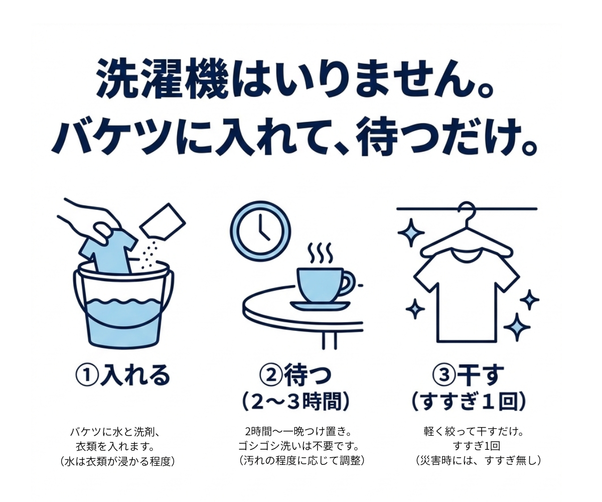 洗濯機はいりません。  バケツに入れて、待つだけ。